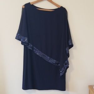 Navy cold shoulder dress with sheer overlay